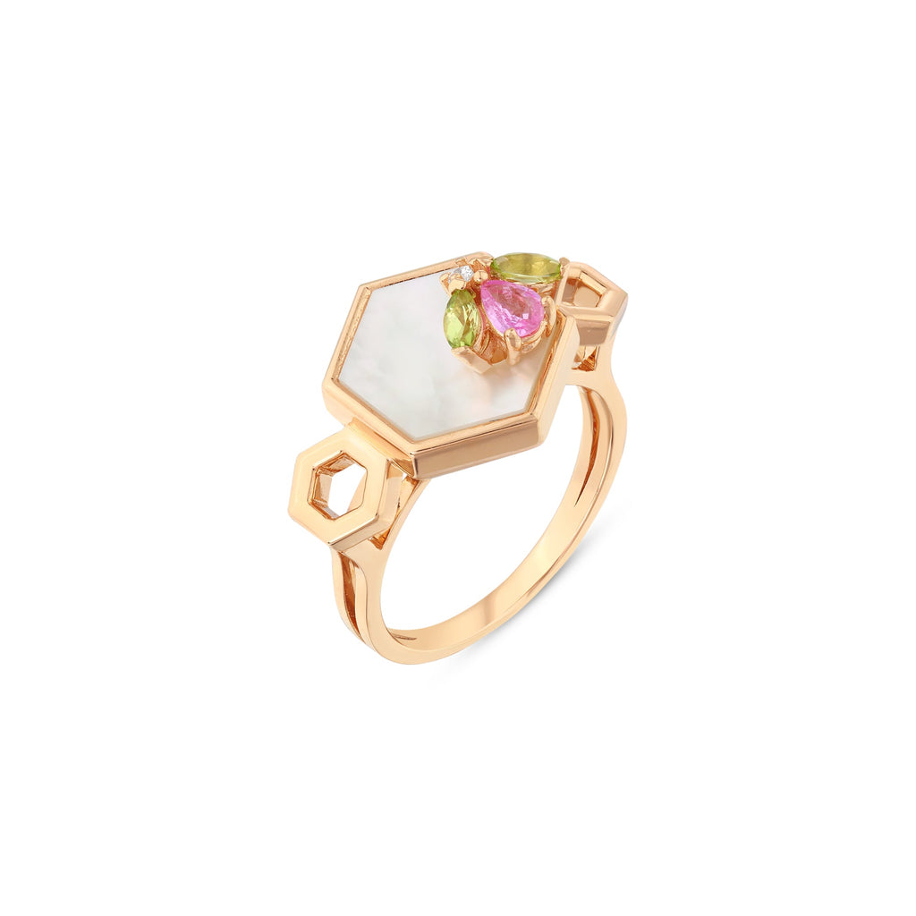 HONEYCOMB PERIDOT PINK SAPPHIRE GOLD DIAMOND RING - Main Image