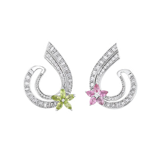 APPLE SEED ALLURE 18K GOLD BAGUETTE DIAMOND PINK SAPPHIRE EARRINGS