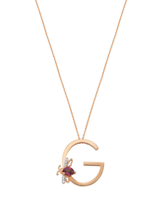 LETTER G GOLD RHODOLITE DIAMOND NECKLACE