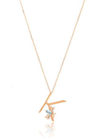 LETTER K GOLD BLUE TOPAZ DIAMOND NECKLACE