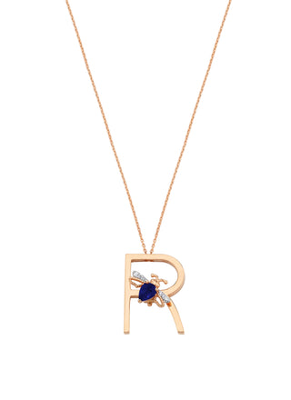 LETTER R GOLD DIAMOND SAPPHIRE NECKLACE