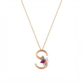 LETTER S GOLD DIAMOND RHODOLITE NECKLACE