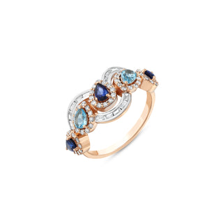 PEACOCK GOLD DIAMOND BLUE TOPAZ SAPPHIRE RING